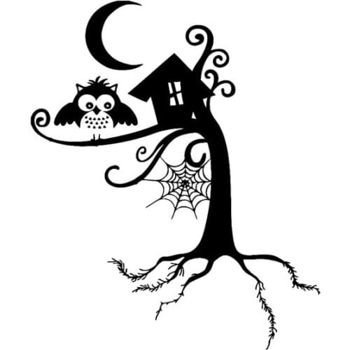 13.6CM*16.4CM Forest Spider Web Owl Night Moon Vinyl Black/Silver Car Sticker