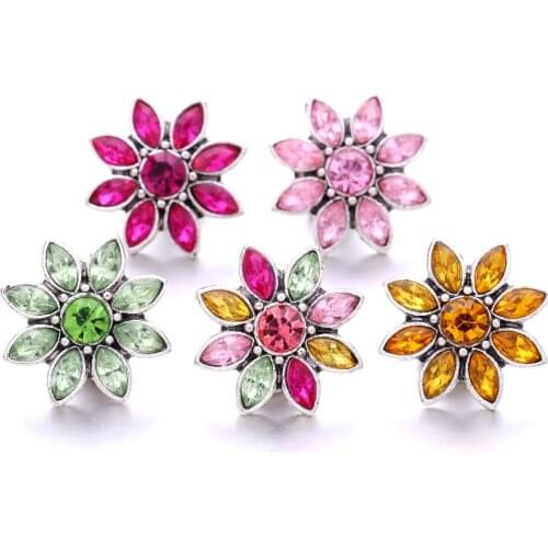 5pcs/lot New Snap Jewelry Rhinestone Crystal Flower 18mm Snap Buttons for Leather Silver Snap Bracelet Interchangeable Jewelry