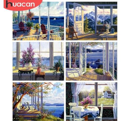 HUACAN Diamond Painting New Landscape Window 5D DIY Diamond Embroidery Cross Stitch Seaside Rhinestones Mosaic Home Decor