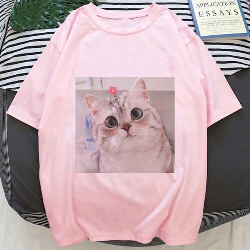Kpop Top Cute Cat Love Blouses print ladies T-shirt casual basis O-collar white pink shirt short sleeve ladies T-shirt,Drop Ship