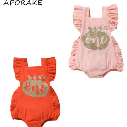 2021 3-24M Cute Infant Baby Girl Playsuit ONE Letter Print Ruffle Short Sleeve Square Collar Bow Back Romper Summer Outfit
