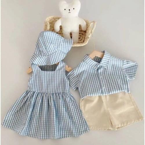 2021 Children Brother Sister Matching Outfits Summer Spanish Toddler Boy Top and Shorts 2Pcs Suit Baby Girl One Piece Dress Hat