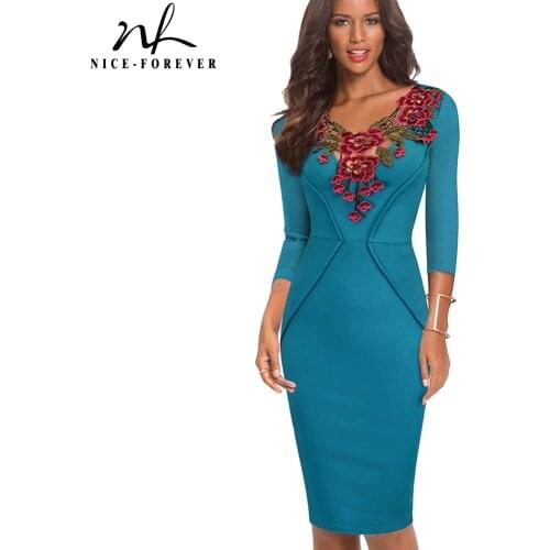 Nice-forever New Spring Embroidery Flower Elegant Office Dress Business Work Sheath Vintage Slim Dress btyB330