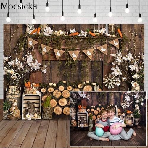 Spring Easter Birthday Photography Background Fresh Flowers Wooden Fireplace Bunny Banners Child Portrait Backdrop Photo Studio