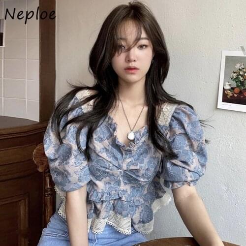 Neploe French Vintage V-neck Print Blusas De Mujer Lace Stitching Womens Blouses Summer Loose Puff Sleeve Shirt Women