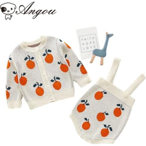 Angou Newborn Baby Girls Clothes Autumn Print Orange Coat Long Sleeve Knitted Cardigan Tops Kids Toddler Sling Jumpsuit Sets