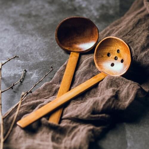 FANCITY Creative Japanese-style wooden long-handled tortoiseshell ramen spoon, large soup spoon, hot pot colander, ramen spoon