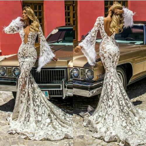 Deep V Neck Feather Wedding Dresses Long Sleeves Backless Illusion Lace Appliqued Bridal Gowns 2021 Mermaid Wedding Dress