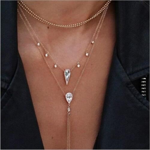 Hot Fashion Jewelry Retro Four-layer Water Drop Necklace With crystal Geometry Round Gold Necklace Bohemian Female Necklace