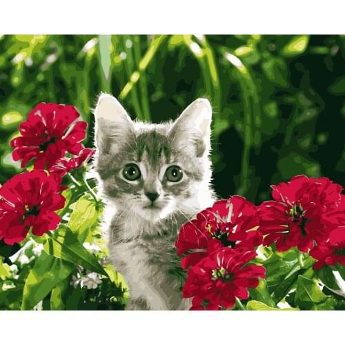 MaHuaf-i141 cute cat and red flowers DIY Coloring by Numbers Digital Oil Painting Hand-painted Painting for Children Room Decor