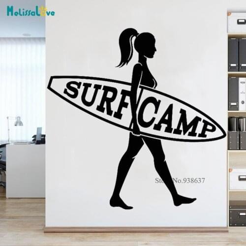 Surfcamp Wall Decal Surfer Girl Surfing Summer Water Seaside Vacation Wall Stickers Waterproof BB225