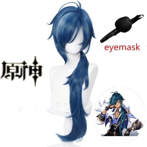 Genshin Impact Kaeya Cosplay Men 80cm Long Ink-Blue Wig Cosplay Anime Cosplay Wigs Heat Resistant Synthetic Wigs Halloween