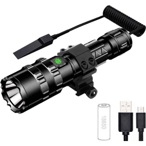 Tactical Flashlight 1600 Lumen with Flashlight Mount Clip + Battery + Charging cable Remote Switch Outdoor Hunting Weapon Light
