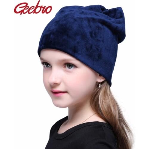 Geebro Spring Girls Plain Color Beanie Hat Warm Skullies Beanies Polyester Knitted Hats Casual Velvet Skullies Cap For Children