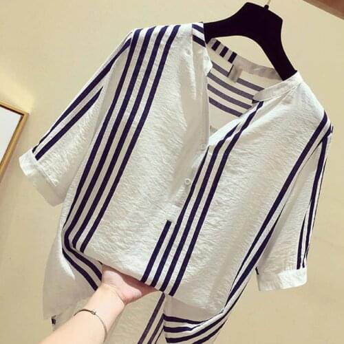 F&je New Summer Women Shirt Plus Size Short Sleeve Loose Casual V-neck Ladies Tops Vertical Striped Blouses Big Size S-5XL D19