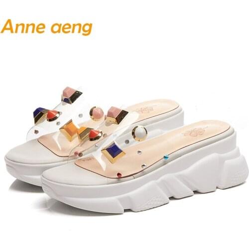 2019 New Summer Genuine Leather Outside Women Slippers High Wedge Heel Metal Rivet Fashion Women Platform Shoes White Slides