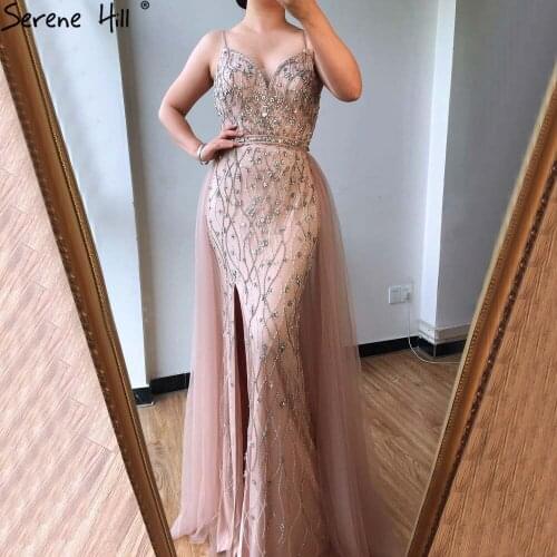 Diamond Beading Sexy Evening Gowns for Women 2020 Pink Mermaid V-Neck Sleeveless Sparkle Formal Dress Serene Hill BLA70564