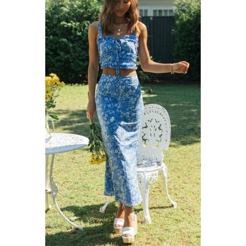 Happie Queens Women two piece floral print outfits Sleeveless tie neck tops Bohemian Maxi skirts 2 pieces Boho sets