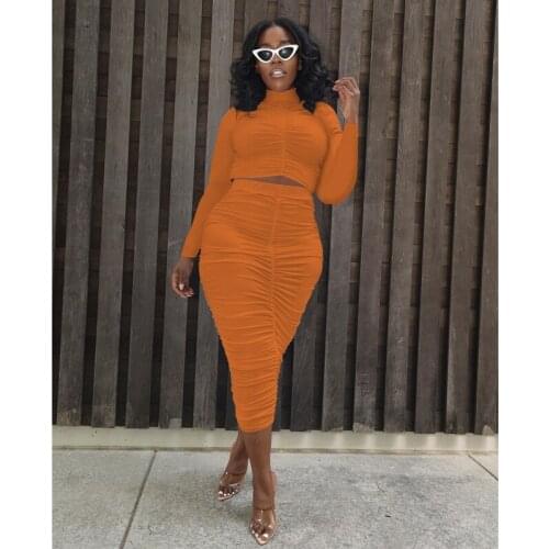 Plus Size Autumn Winter Two Piece Set Women Sexy Solid Folds Long Sleeves Crop Top+Skirt Sets Club Outfits Streetwear Wholesale