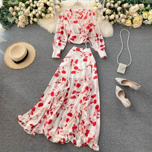 Women Autumn Bohemian Print Chiffon Two Piece Suit V Neck Long Sleeve Tops+High Waist Irregular Ruffles Split Skirt Set