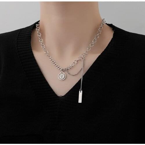 VSnow Fashion Asymmetric Circle Love Heart Pendant Necklace for Women Chunky Chain Metallic Stainless Steel Necklace Jewelry