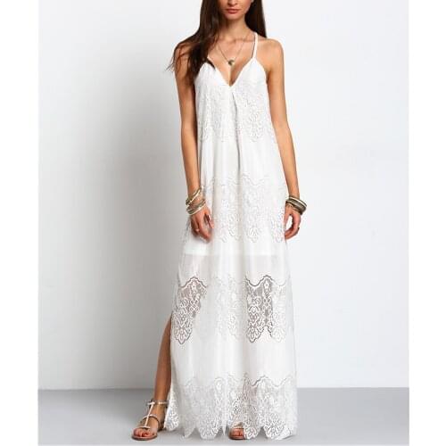 V Neck Spaghetti Strap White Lace Sexy Dress Women Backless Long Beach Summer Dress Sundress Bohemian Split Maxi Dress Plus Size