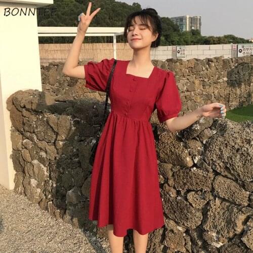 Dress Women Short Sleeve Square Collar Vestidos Knee-length New Student Summer Lovely Sweet Loose College Female Korean Version