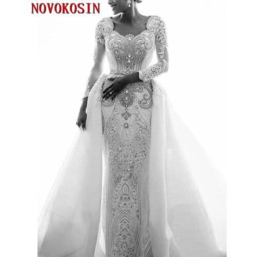 2019 Real Sample Beading African Lace Wedding Dresses Crystals Luxury Long Sleeves Mermaid Detachable Train Bridal Gowns