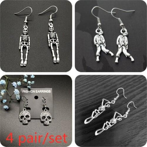 4 pair/set Vintage Gothic Skull Earrings, Sugar Skull Earrings, Simple Creative Fashion Womens Jewelry Trend 2021
