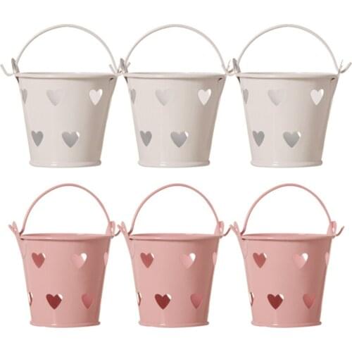 6pcs Tinplate Buckets Hollow Out Heart Shaped Buckets Flower Pots Candy Chocolate Dragee Gift Boxes For Wedding Party Bar Decor