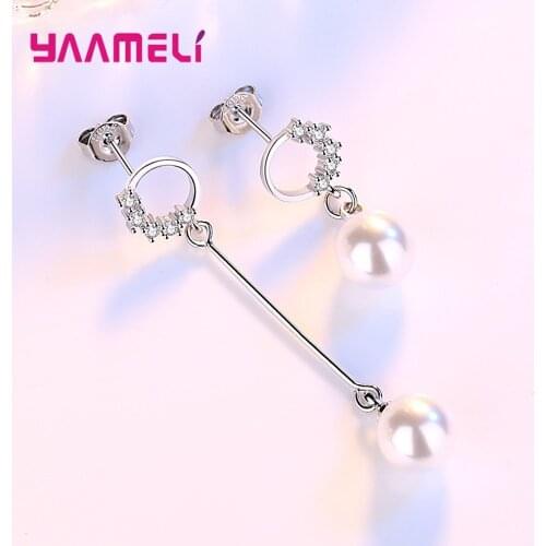 925 Sterling Silver Cute Pearl Drop Earrings For Women Girls Wedding Fashion Jewelry CZ Crystal Valentines Day Gift Wholesale