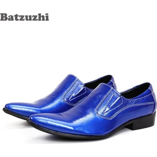 Batzuzhi Fashion Formal Blue Men Dress Shoes Genuine Leather Luxury Wedding Male Shoes White Suit Shoes Zapatos Hombre, Size 46