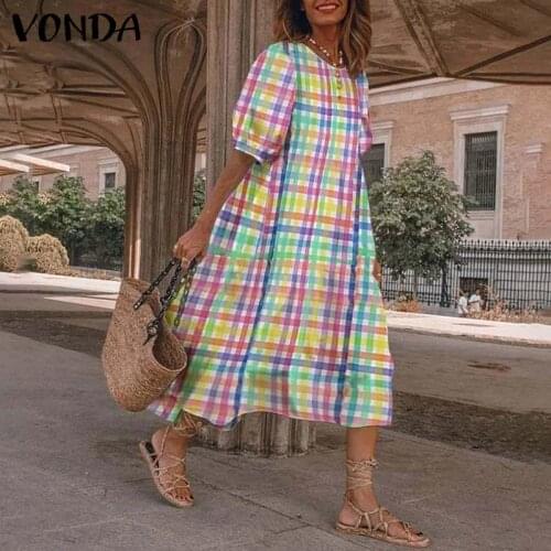 Elegant Midi Dress 2021 VONDA Women Summer Sundress Beach Vintage Plaid Long Dress Bohemian Party Vestidos Plus Size Robe Femme