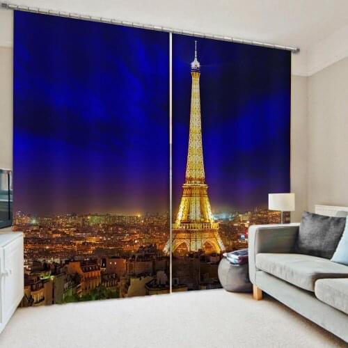 European Curtains Photo Painted 3D Curtain Living room blue night city view curtains tower curtain