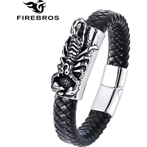 FIREBROS Magnet Stainless Steel Scorpion Charm 12mm Genuine Leather Bracelet Chunky Exaggerated Bangle Men Vintage Punk Jewelry