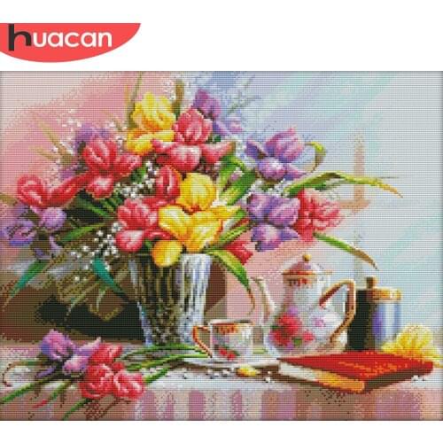 HUACAN Cross Stitch Flower In Vase Kits White Canvas Embroidery Floral Needlework Sets 11CT 14CT DIY Gift Home Decoration