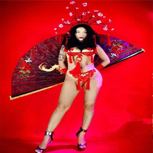 K64 Red color sexy women bodysuit dj wears bikini catwalk performance show dresses outfit headdress flower party fan disco club