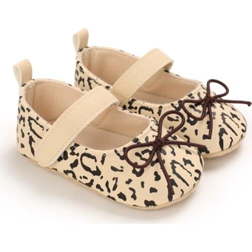 Cute Toddler Girl Crib Shoes Newborn Baby Girls Bowknot First Walker Soft Sole Leopard Print Casual Shoes
