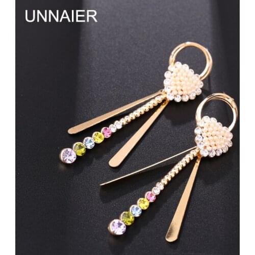 UNNAIER fashion sweet Imitation pearls Love heart shape Long earring Female color Rhinestone Ear jewelry