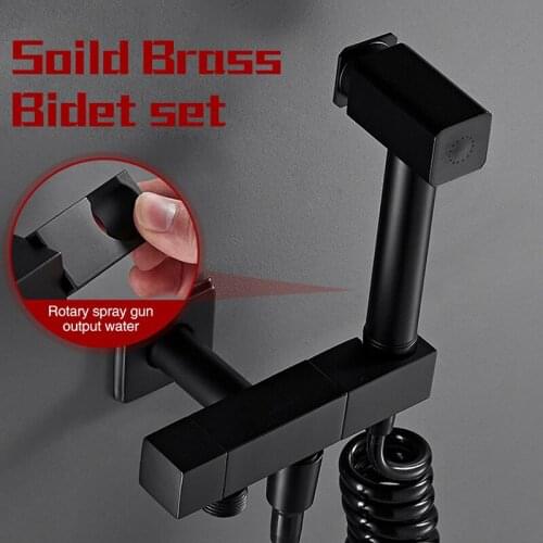 Black Chrome Soild Brass Toilet Bidet Sprayer Set Dual Output Water Valve Press-Free Hand Pressurized Bidet Shower Spray Gun Set
