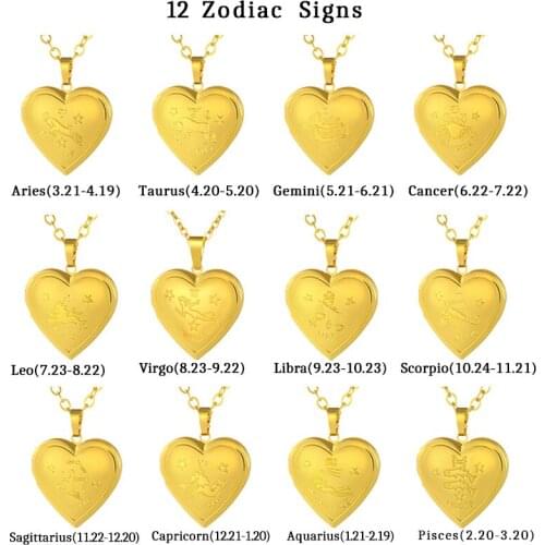 2021 New Gold Color Necklaces Women Fashion Jewelry Zodiac Engraved Open Locket Heart Pendant Necklaces Women Girl Birthday Gift