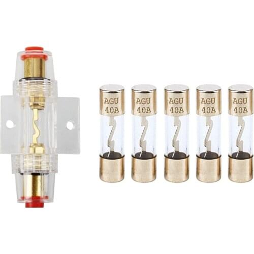 6 Pcs Fuse: 1 Pcs 4/8 Gauge Agu Fuse Holder 80A & 5 Pcs Car Audio Amp Amplifier Glass 40A AMP AGU Gold Plated Fuse