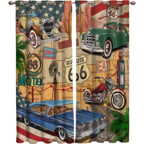 Retro Route 66 Poster Window Curtains Living Room Fabric Drapes Curtain Home Decor Curtains for Bedroom