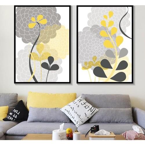 Nordic Modern Abstract Painting Yellow Leaves And Gray Flowers Posters Home Decor Canvas Print Wall Art Pictures for Living Room