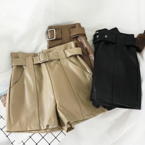 Autumn Winter new korean fashion womens high waist with belt PU leather wide leg boot cut shorts plus size S M L