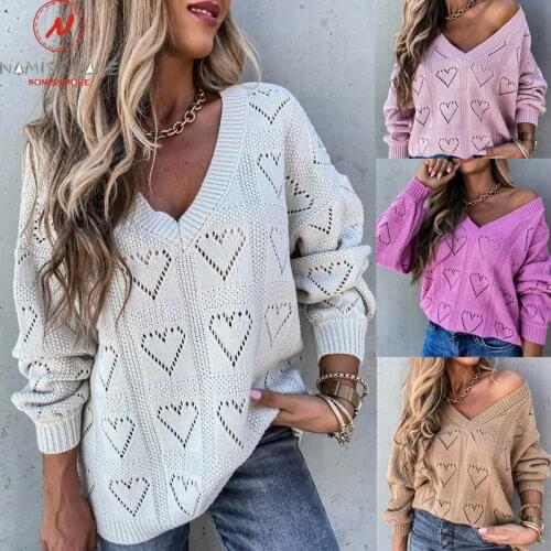 Fashion Women Solid Color Sweaters Heart Shaped Hollow Out Design See Through V-Neck Long Sleeve Casual Loose Pullovers Top