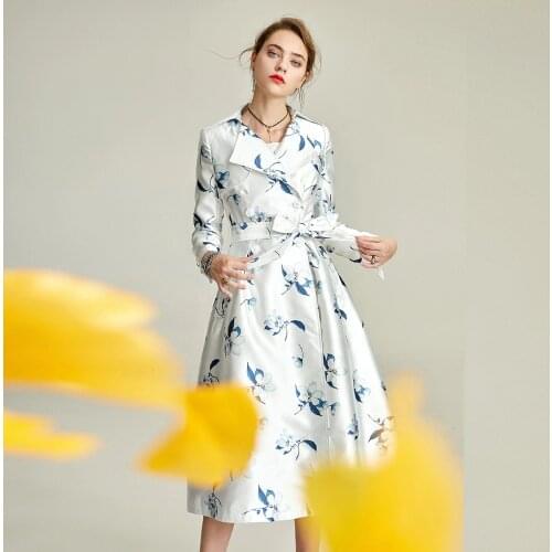 Spring Fall Casual Woman Female Clothes , Womens Double Breasted High Waisted Blue Floral Trench Coat , Windbreaker Long Coats
