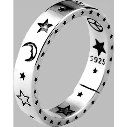 Yungqi Vintage Star Moon Peace Engraved Ring Simple Metal Geometric Female Finger Resizable Opening Ring For Women Gifts Jewelry