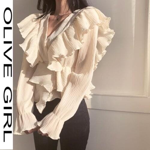 2021 New Design Sense V-neck Shirt Fold Sense Slim Slimming Spring Korean Style Temperament All-match Blouse Women