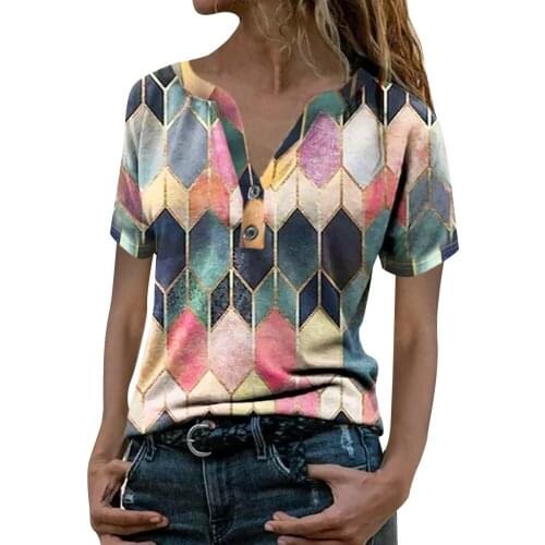 Womens T-Shirt 2021 New Summer Deep V Neck Buttons Plaid Printed Loose T Shirt Tops Casual Soft Short Sleeve Office Ladies Tops